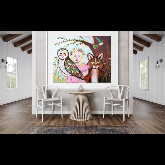 Blossom Fox Owl Art Print Oil Painting Flowers Child Portrait Whimsical Decor - Picture 8 of 9